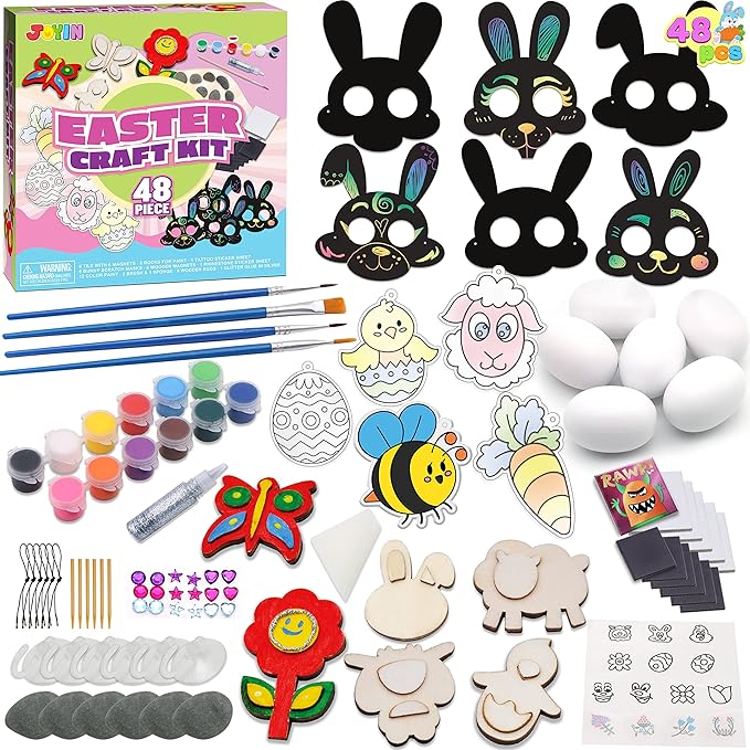 JOYIN 48 PCS Easter Craft Kit Easter Assorted DIY Painting Kit Includes Rocks, Scratch Art Masks, Wooden Eggs and Magnets for Kids Creativity Easter Basket Stuffers, Easter Party Favor, Easter Events