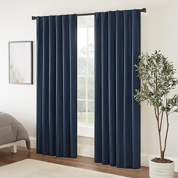 Eclipse Fresno Modern Blackout Thermal Rod Pocket Window Curtain for Bedroom (1 Panel), 52" x 84", Dark Blue