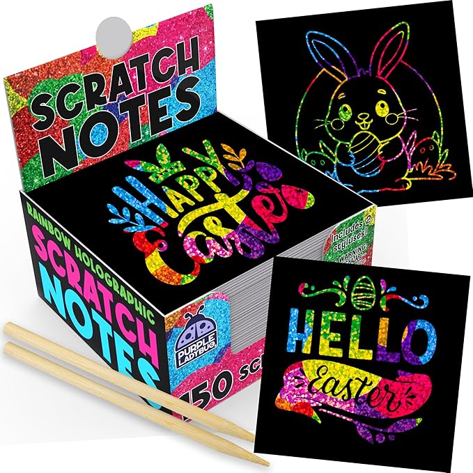 PURPLE LADYBUG Rainbow Holographic Scratch Art Mini Notes - Easter Basket Stuffers for Girls, Teen Girl Gifts, Cool Trendy Stuff, Arts and Crafts for Kids Ages 4-12