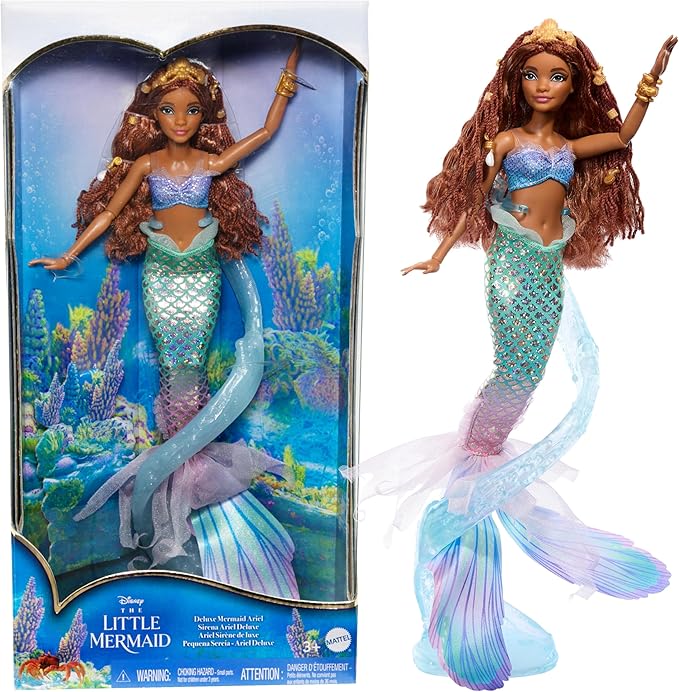 Mattel Disney The Little Mermaid Deluxe Ariel Doll with Iridescent Tail, Hair Jewelry Beads & Display Stand, Inspired by the Movie