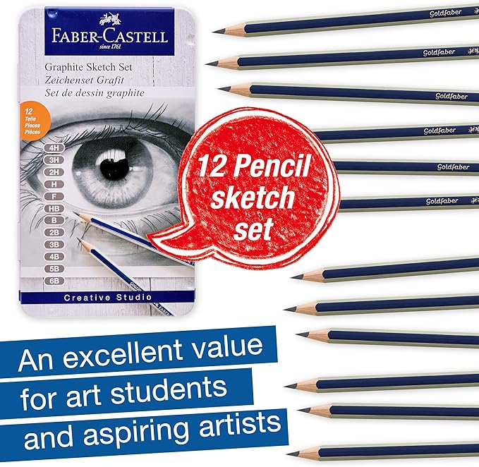Faber-Castell Graphite Pencils Drawing Set: 12 Art Pencils for Sketching (4H, 3H, 2H, H, F, HB, B, 2B, 3B, 4B, 5B, and 6B), Shading Pencils for Drawing and Sketching, Graphite Drawing Kit