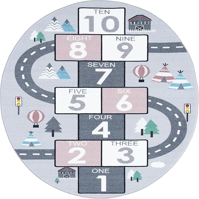 SAFAVIEH Kids Playhouse Collection Area Rug - 3'3" Round, Grey & Pink, Hopscotch, Non-Shedding & Easy Care, Machine Washable Ideal for High Traffic Areas in Playroom, Nursery, Bedroom (KPH226A)