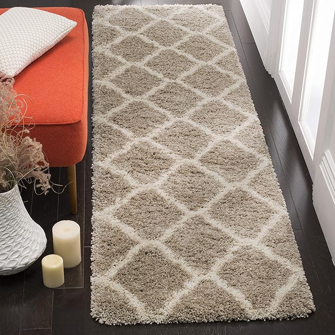 SAFAVIEH Hudson Shag Collection Runner Rug - 2'3" x 14', Beige & Ivory, Moroccan Trellis Design, Non-Shedding & Easy Care, 2-inch Thick Ideal for High Traffic Areas in Living Room, Bedroom (SGH283S)