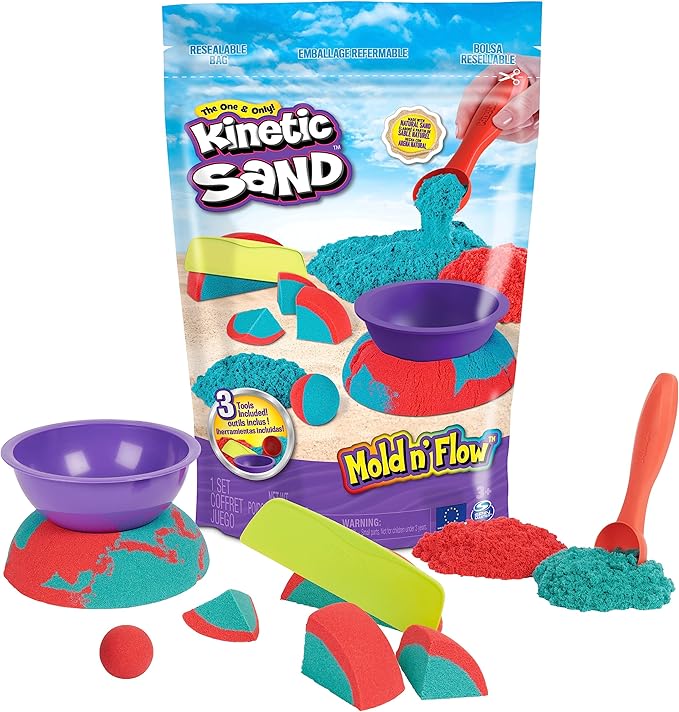 Kinetic Sand Mold n’ Flow with 1.5lbs Red & Teal Play Sand, 3 Tools, Sensory Toys for Kids Ages 3 and up