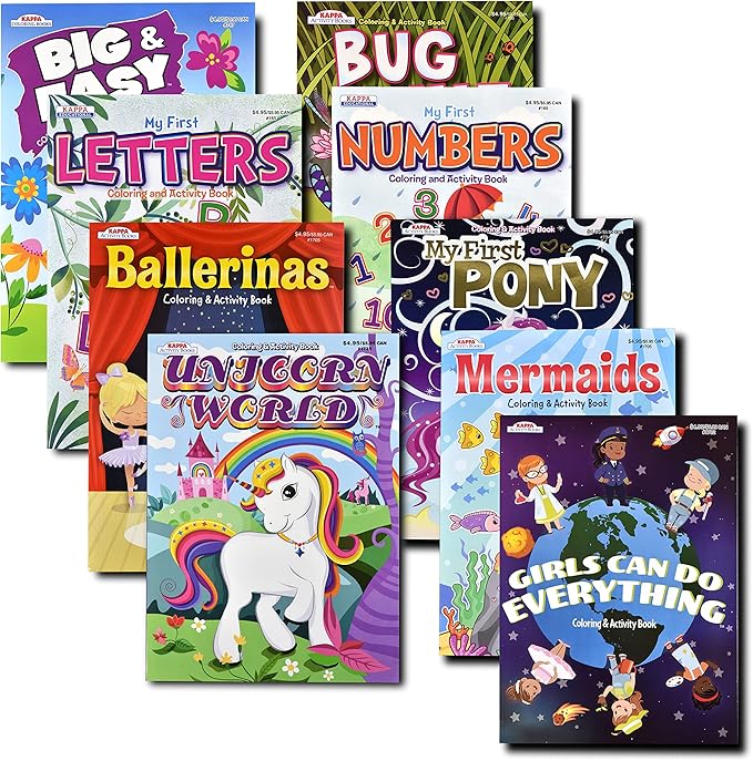 Variety Savings Kappa Coloring and Activity Books for Girls, Numbers and Letters, ABCs, Girl Power, Mermaid, Unicorn, 8.5”x11” Extra Large Size for Hours of Fun, Ages 2-4, 4-8, 8-12 (Pack of 9)
