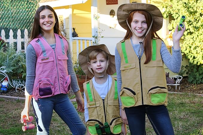 Multi-Piece Set Cargo Vest with Reflective Safety Straps, 1 8x21 Magnification Binoculars and Safari Hat for Boys and Girls (Small/Medium, Pink Vest, Pink Vest and Pink Binocular)