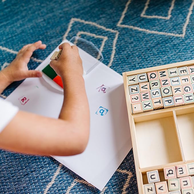 Melissa & Doug Wooden Alphabet Stamp Set - 56 Stamps With Lower-Case and Capital Letters Preschool Writing Toys, ABC Stamps, Kids Arts & Crafts, Letter For Kids Ages 4+