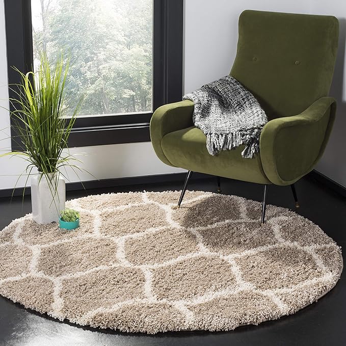 SAFAVIEH Hudson Shag Collection 9' Round Beige/Ivory SGH280S Moroccan Ogee Trellis Non-Shedding Living Room Bedroom Dining Room Entryway Plush 2-inch Thick Area Rug
