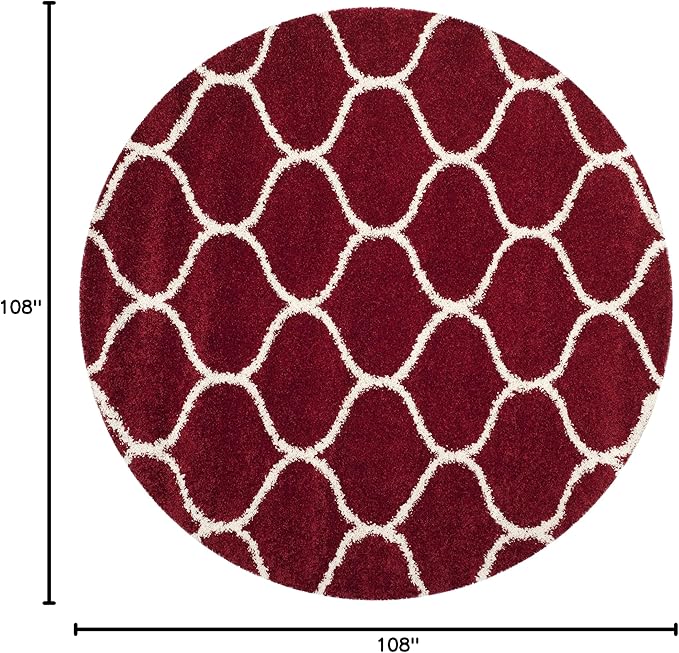 SAFAVIEH Hudson Shag Collection 9' Round Red / Ivory SGH280R Moroccan Ogee Trellis Non-Shedding Living Room Bedroom Dining Room Entryway Plush 2-inch Thick Area Rug