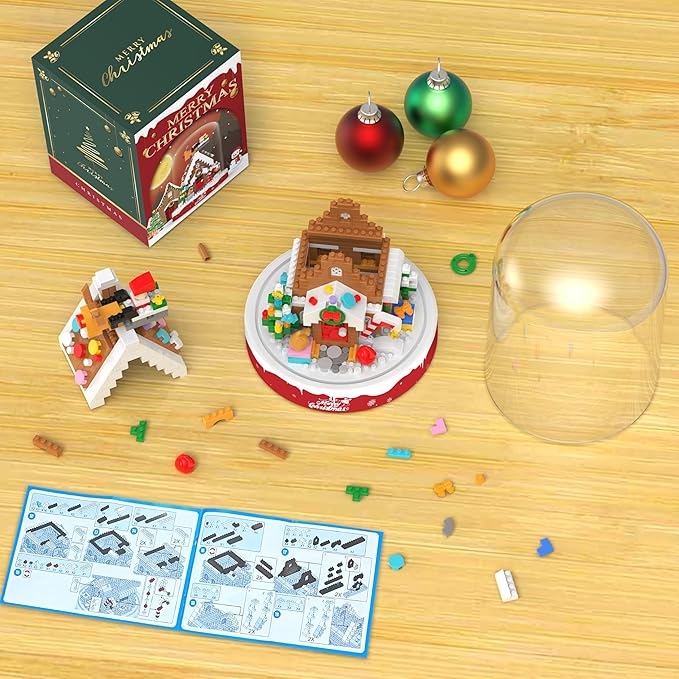 Christmas Gingerbread House Building Blocks Toy, 571 Pcs Building Sets Christmas Decoration with Dust Cover, Mini Building Kit, Holiday Display Gift for Christmas, Stocking Stuffers for Kids Adults