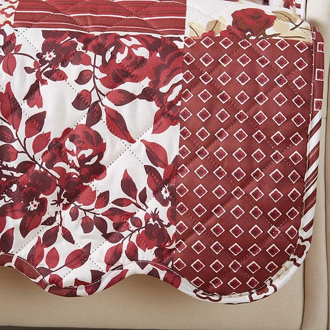 Great Bay Home Patchwork Scalloped Printed Furniture Protector Stain Resistant Loveseat Cover (Loveseat, Burgundy)
