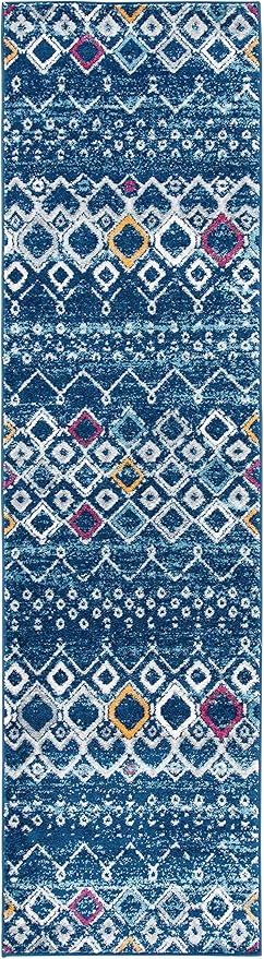 SAFAVIEH Amsterdam Collection Runner Rug - 2'3" x 12', Navy & Turquoise, Moroccan Boho Design, Non-Shedding & Easy Care, Ideal for High Traffic Areas in Living Room, Bedroom (AMS108M)