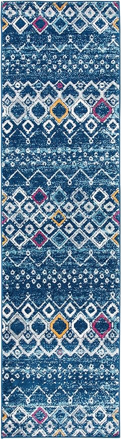 SAFAVIEH Amsterdam Collection Runner Rug - 2'3" x 8', Navy & Turquoise, Moroccan Boho Design, Non-Shedding & Easy Care, Ideal for High Traffic Areas in Living Room, Bedroom (AMS108M)