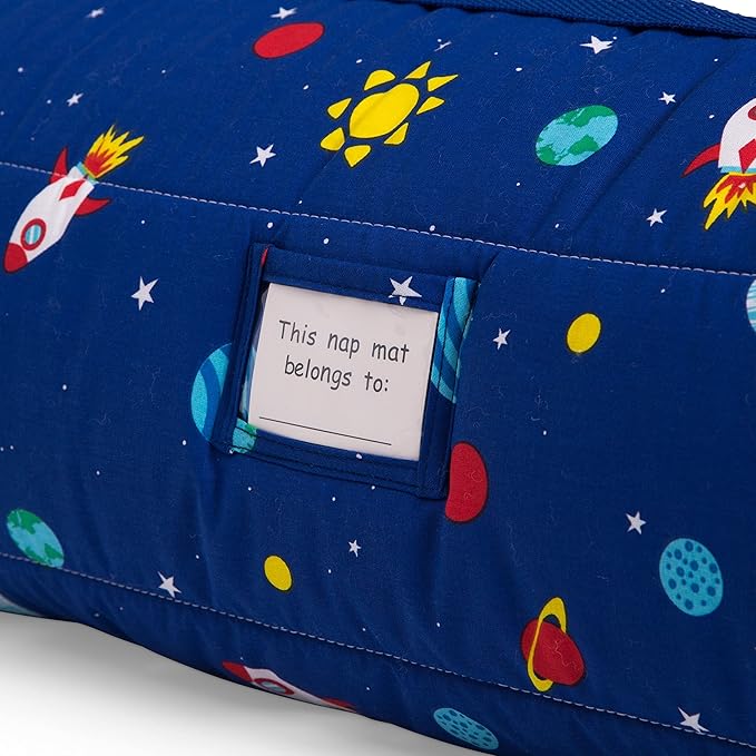 Delta Children Nap Mat - Includes Pillow & Blanket for Toddlers and Kids; Features Carry Handle w/Strap Closure and Name Tag; Rollup Design is Ideal for Preschool and Daycare; Personalization Optional