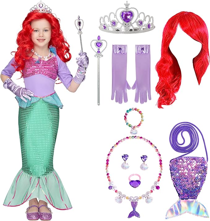 Spooktacular Creations Halloween Little Mermaid Costume for Girls, Sequin Mermaid Dress Set, Light Purple Princess Dress for Toddler Dress-Up, Cosplay Party (X-Large (12-14 YRS))