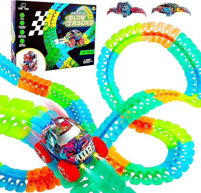 USA Toyz Zero-G Glow Race Track for Kids- 150pcs Glow in The Dark Flexible Race Track Set with Suction Cups, Slot Car, 2 Graffiti Toy Cars Shells, STEM Toy LED Car Tracks for Boys and Girls Age 3+