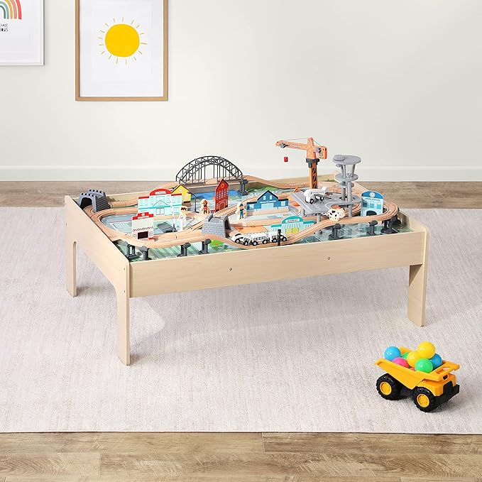 Amazon Basics 120 Piece Wooden Train Set and Table-kids Gift for Age 3Y+, Multi, Product dimensions: 47.4 x 33.46 x 16.14 inches