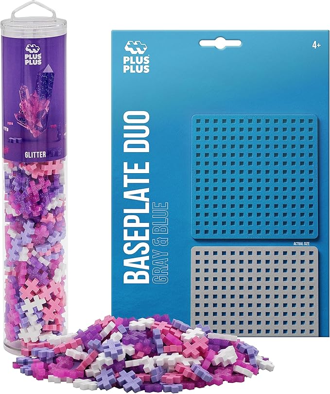 PLUS PLUS 240 Piece Interlocking Building Blocks for Kids, Open Ended Connecting Toys, STEM Bin Mini Manipulatives - Glitter Mix Play Tube & Baseplate