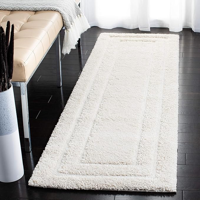 SAFAVIEH Florida Shag Collection Runner Rug - 2'3" x 8', Creme & Creme, Border Design, Non-Shedding & Easy Care, 1.2-inch Thick Ideal for High Traffic Areas in Living Room, Bedroom (SG454-1111)