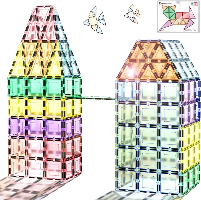 PicassoTiles Magnet Tile Building Block Set Magnetic Construction Square Triangle Tiles Toy Kit Sparking Creativity Geometric Shapes STEM Educational Learning Brain Development Kids Ages 3+ PB36