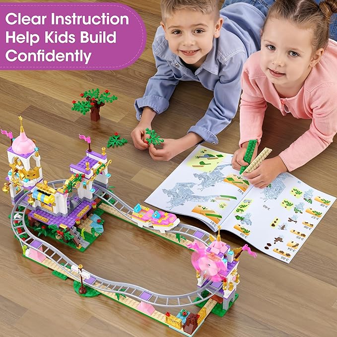 Castle Roller Coaster Building Set – 738Pcs STEM Amusement Park Construction Kit for Kids, Creative Pink Playground Blocks Birthday for Girls Boys Ages 6-12