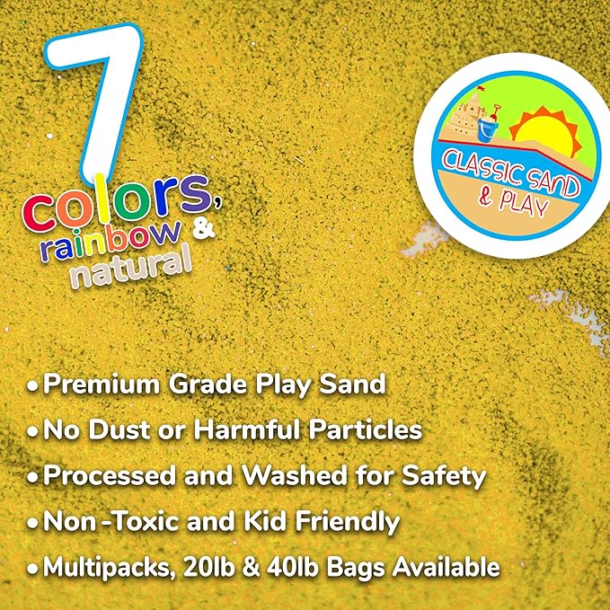 Classic Sand and Play Yellow Colored Play Sand, 20 lb. Bag, Natural and Non-Toxic, Fun Wet and Dry Indoor and Outdoor, Sandbox, Therapy, and Table Use, Building, Stimulate Sensory Needs