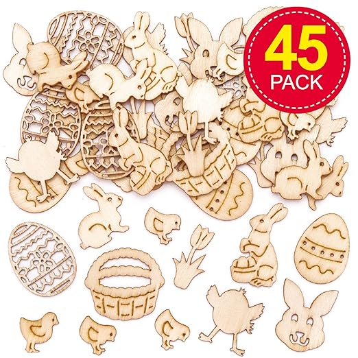 Baker Ross AT476 Easter Mini Wooden Shapes - Pack of 50, Creative Art And Craft Supplies For Kids To Make And Decorate