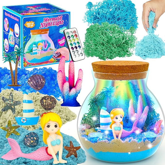 Mermaid Terrarium Crafts Kit for Girls - Make Your OWN Unicorn Night Light with 16 Modes LED Remote - Unicorn Birthday Gifts Toys for Girls Ages 5 6 7 8 9 10 Year Old - Best Christmas Gifts for Girls