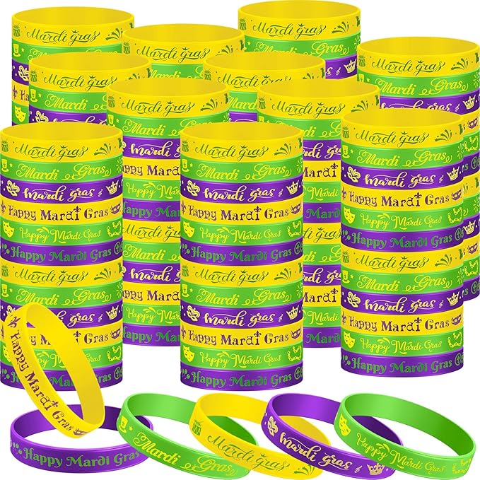 Yilloog Mardi Gras Silicone Bracelets Mardi Gras Parade Throws Bulk Party Favors Rubber Bracelets Party Supplies Decorations Goodie Bag Stuffers Fillers Silicone Wristbands(120 Pcs)