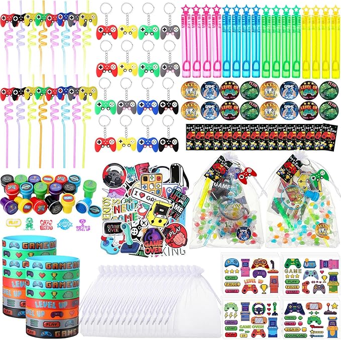 HyDren 194 Pcs Video Game Party Favors Set Include Gift Bags Reusable Straws Bubble Wands Bracelet Keychain Badge Stamps Tattoo Stickers Gift Tags for Kids Birthday Party Supplies