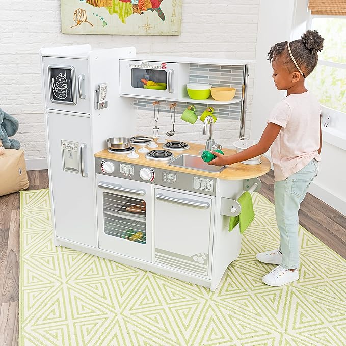 KidKraft Uptown White Wooden Play Kitchen with Play Phone, Chalkboard & Towel Rack, Gift for Ages 3+