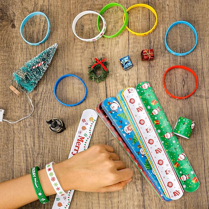Mibor 48Pcs Christmas Slap Bracelets Christmas Silicone Bracelets, Christmas Classroom Gifts, Xmas Slap Wristbands Rubber Wristbands for Kids Girls Boys Christmas Party Favors Stocking Stuffers Gifts