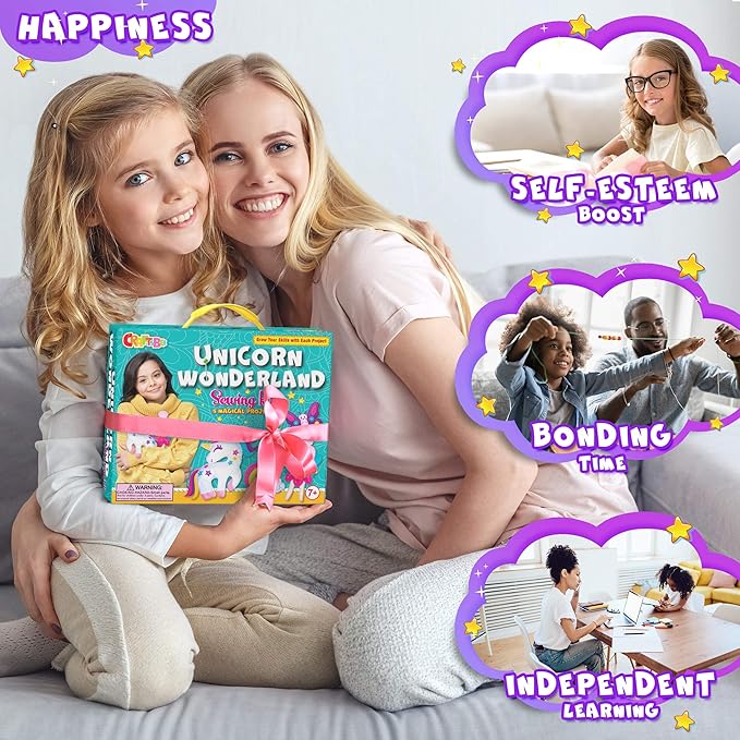 CRAFTSBEE Beginner Sewing Kit for Girls Ages 7+ - 5 DIY Unicorn Felt Stuffed Animals and Plus Pillow Craft, Educational Learn to Sew Unicorn Kit