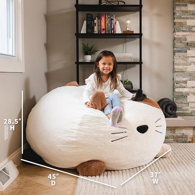 Big Joe Wild Things Foam Filled Animal Bean Bag Chair with Removable Cover, Francesca Feline Snugglepuff, Soft Faux Fur, 3 feet Big