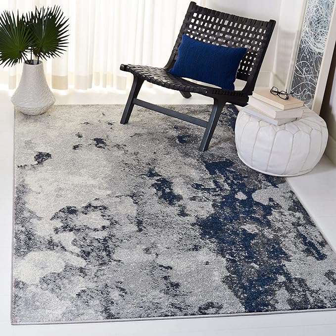 SAFAVIEH Adirondack Collection Area Rug - 4' Square, Navy & Grey, Modern Abstract Design, Non-Shedding & Easy Care, Ideal for High Traffic Areas in Living Room, Bedroom (ADR134N)