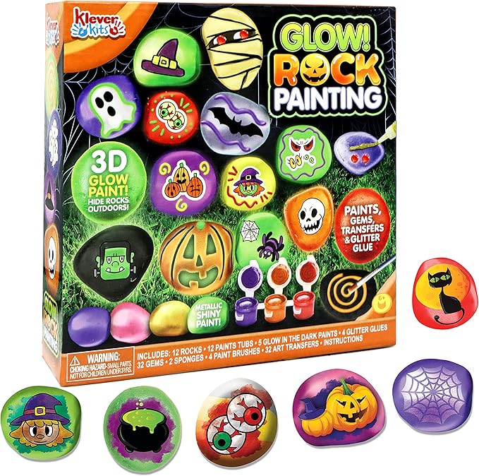 Klever Kits Halloween Rock Painting Kit for Kids, Glow in The Dark Rock Painting with Paint Tubs, Creativity Arts Crafts DIY Supplies Kit for Halloween, Kids Painting Gifts, Family Activity