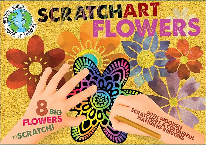 House of Marbles Scratch Art Flowers for Kids That Love DIY Arts and Crafts Activities, with Wooden Stylus Tools and Hanging Ribbons, Scratching to Reveal Rainbow Patterned Lines