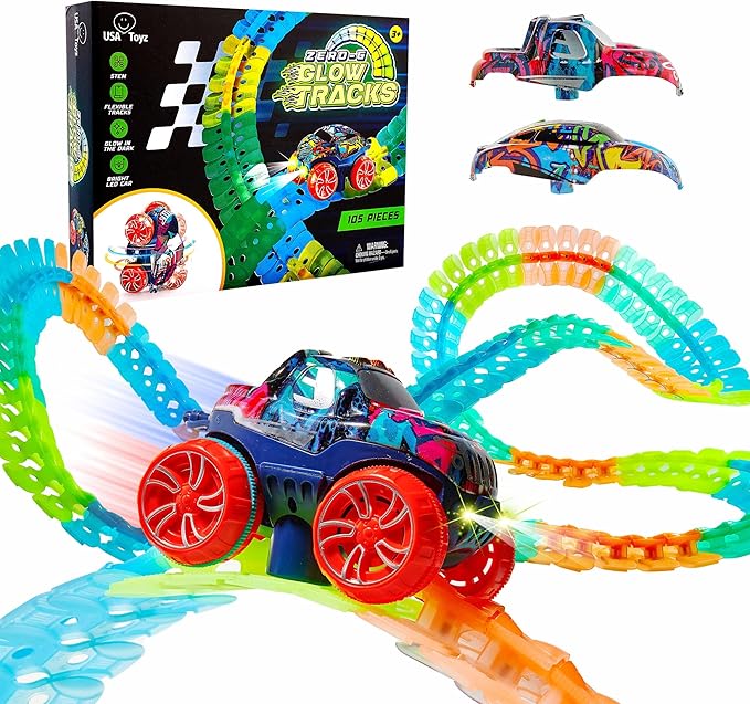 USA Toyz Zero-G Glow Race Track for Kids- 105pcs Glow in The Dark Flexible Race Track Set with Suction Cups, Slot Car, 2 Graffiti Toy Cars Shells, STEM Toy LED Car Tracks for Boys and Girls Age 3+