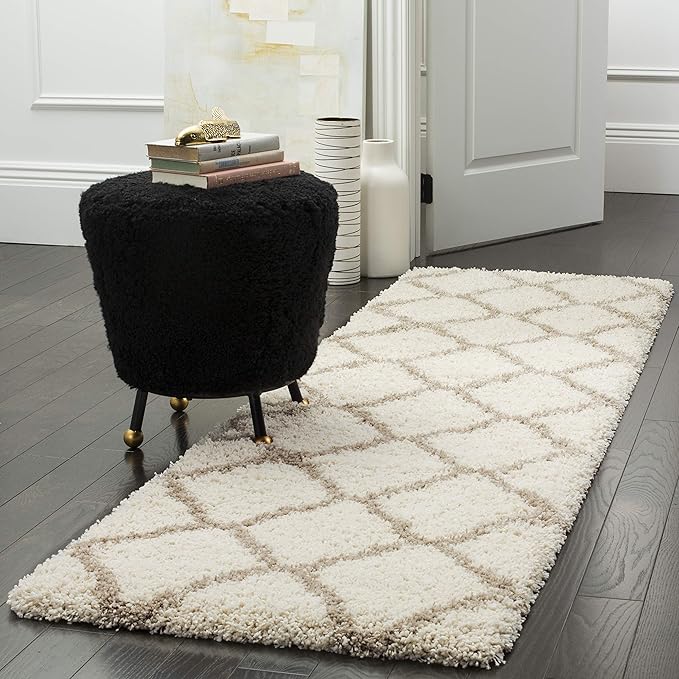 SAFAVIEH Hudson Shag Collection Runner Rug - 2'3" x 12', Ivory & Beige, Moroccan Trellis Design, Non-Shedding & Easy Care, 2-inch Thick Ideal for High Traffic Areas in Living Room, Bedroom (SGH283D)