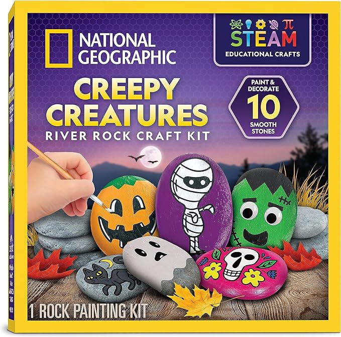 National Geographic Creepy Creatures Rock Painting Kit - Halloween Arts & Crafts Kit for Kids, Decorate 10 River Rocks with 10 Paint Colors & More Spooky Art Supplies, Halloween Kids Toys