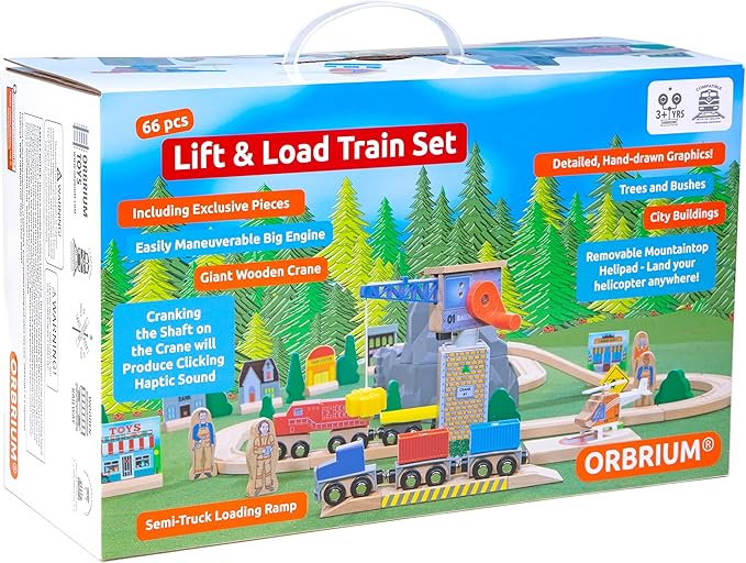 ORBRIUM Lift and Load Wooden Train Set with Magnetic Crane, Magnetic Helicopter, Large Diesel Engine, Semi-Truck, Shipping Container Flat Car Compatible with Thomas, Brio, Chuggington, Melissa & Doug