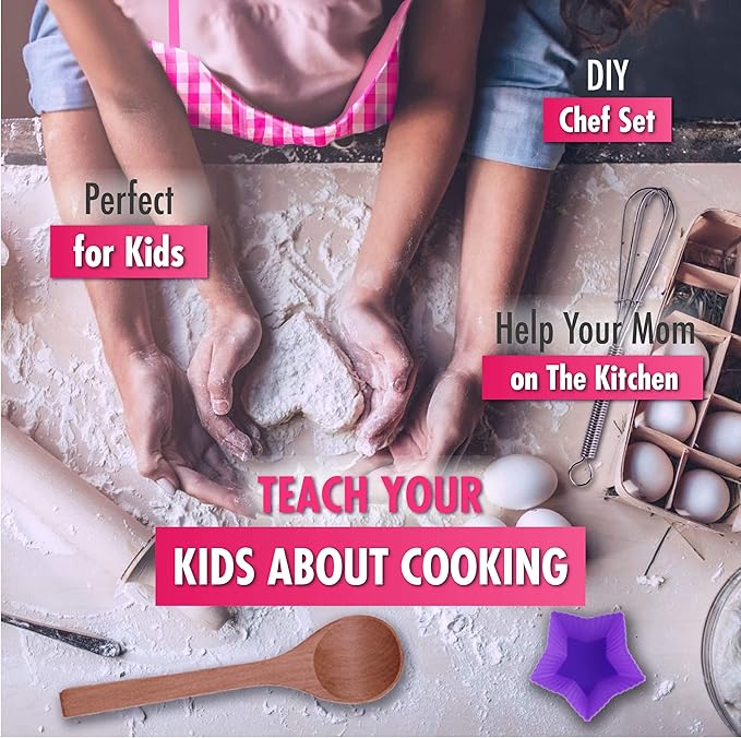 Kids Baking Set Cooking Apron - 13 Piece Children Kitchen Bake Playset Accessories for Girls Includes Chef Hat, Apron, Cupcake Mold, Measuring Spoons, Oven Glove, Mitt, Play Whisk Spoon
