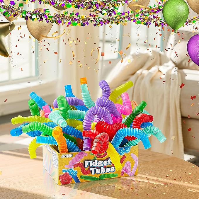 JOYIN 18 Pack Pop Tubes, Sensory Toys（Small） Fidget Tubes Party Favors - 9 Colors, Connectable and Extendable for Stress Relief - Perfect for Party, Classroom Exchange, School Reward