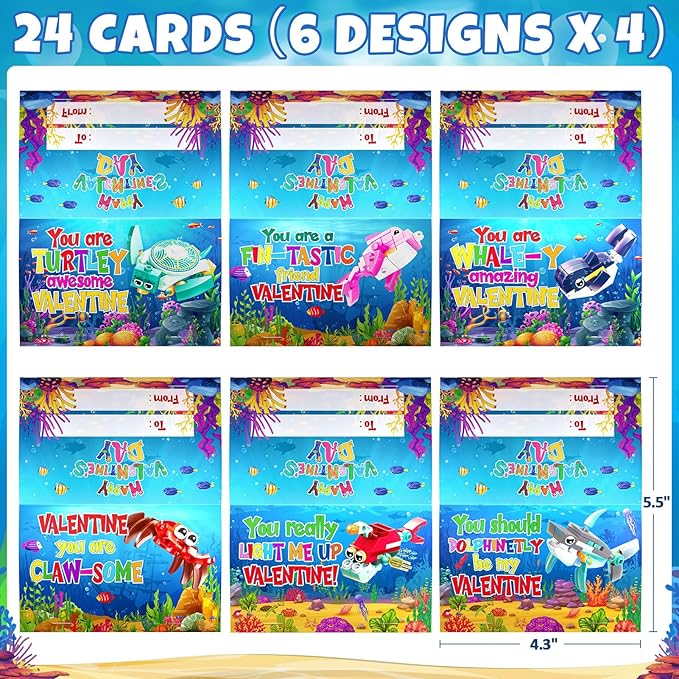 24 Pack Valentine Gifts for Kids 8-12, Marine Animal Building Blocks Kit with Gift Cards for Kids School Classroom, Party Favors Exchange for Boy Girl, Kid Valentine Basket Stuffers Egg Filler