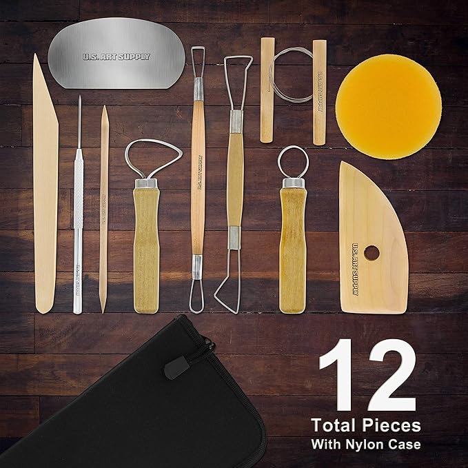 US Art Supply 12-Piece Pottery and Clay and Sculpting Tools Set with Canvas Zippered Case