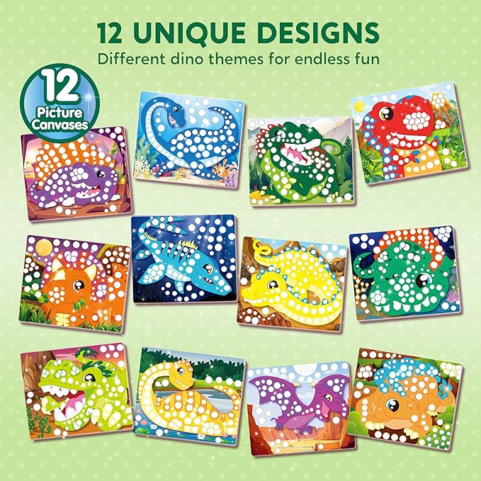 Klever Kits Dot Art Kit for Kids, No Mess Sticker for Toddler 3-7, Craft Kits, DIY Creative Activity, Travel Toy, Birthday Gifts for Boys Girls (Dinosaur)