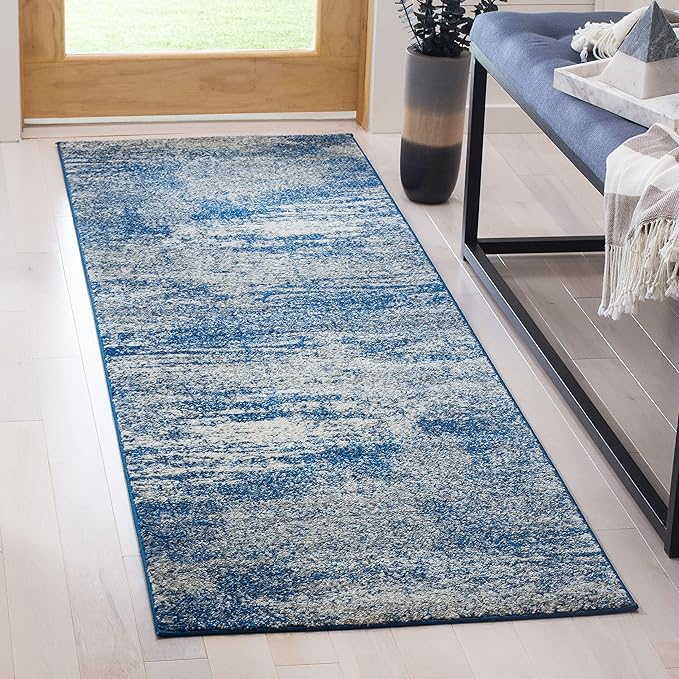 SAFAVIEH Evoke Collection 2'2" x 19' Navy/Ivory EVK272A Modern Abstract Non-Shedding Living Room Bedroom Runner Rug