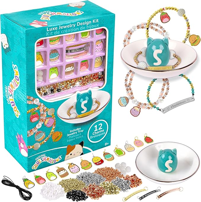 Fashion Angels Squishmallows Luxe Jewelry Design Kit, Includes Assortment of Beads, Charms & More, Makes 12+ Projects, Squishmallows Character Jewelry for Kids, Teen Girls & Boys