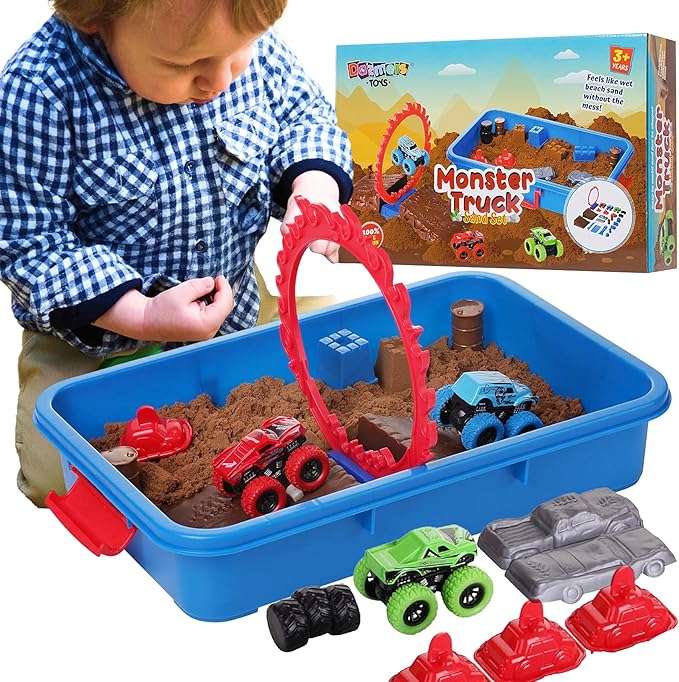 Dazmers Monster Truck Sand Play Set Sensory Kit, Sensory Bins with Lid, 2 Lbs of Sand, Jumps, Crushed Cars and Trucks, Indoor Sensory Bin for 3-4, 5 Year Old, Toddlers Sand Table