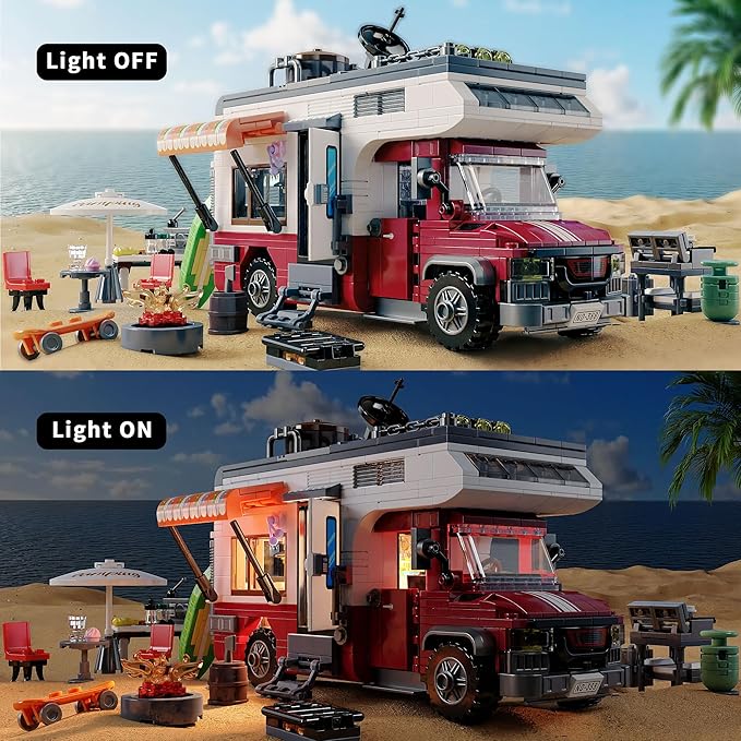 TYCOLE City Camper Van Building Set-Beach Camping Themed Construction Toy Kit with Mini Accessories&Lights, RV Car Model Compatible with Legos, Christmas Birthday Gift for Adults and Kids 6+(880 pcs)